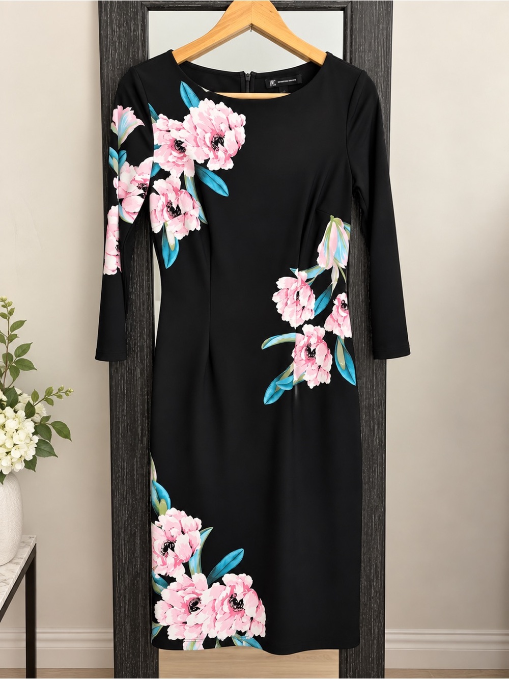 INC Black Floral Sheath Dress with Pink Blooms